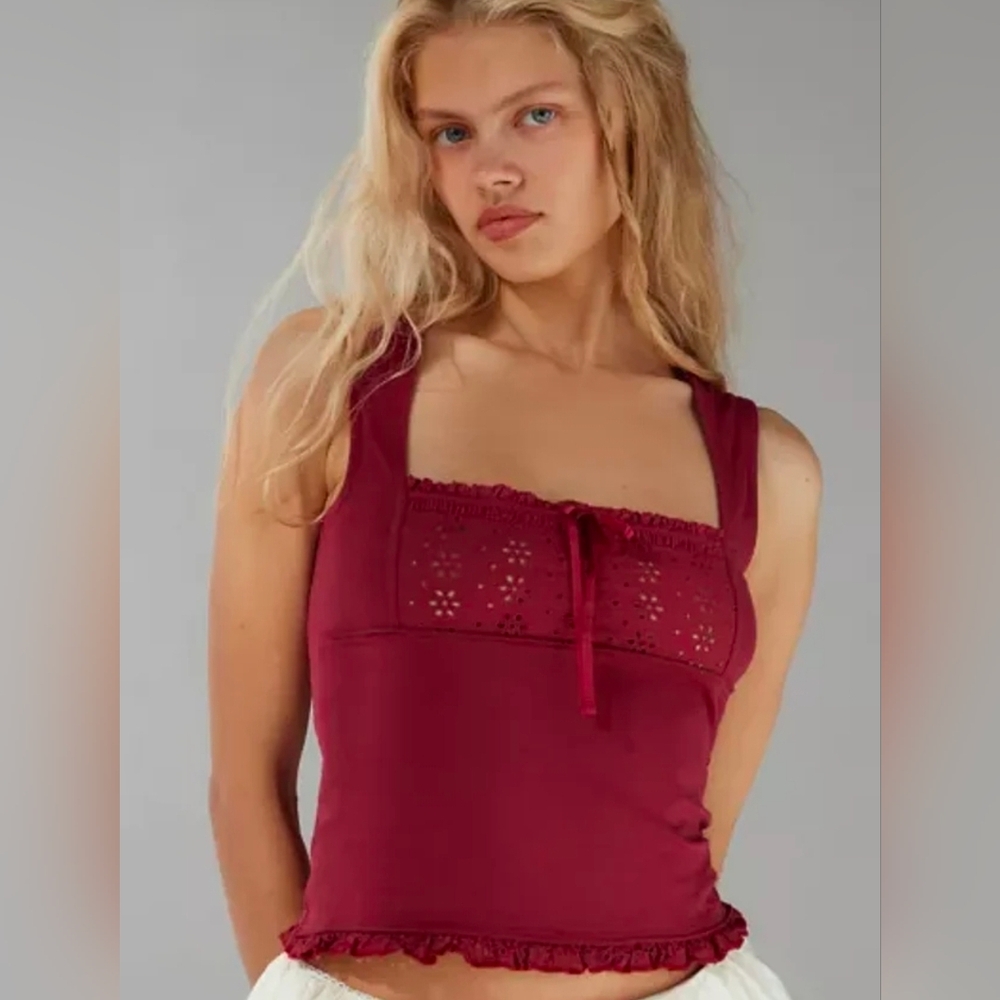 Kimchi Blue UO Amber Eyelet Square Neck Burgandy Tank Top